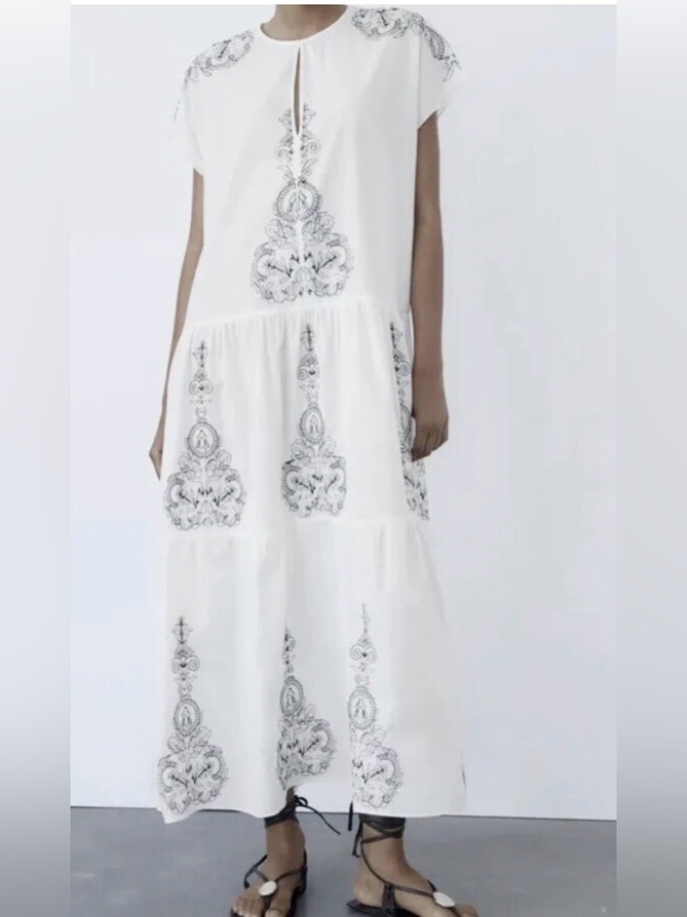 Zara White Embroidered Tiered Maxi Dress Sz XL - Picture 2 of 9